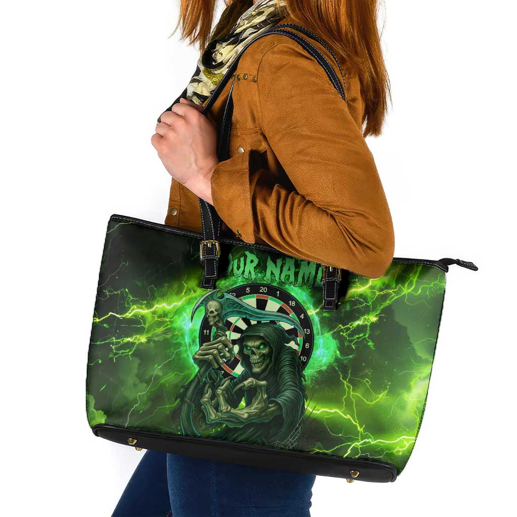 Grim Reaper and Dartboard Darts Leather Tote Bag with Green Lightning Background and Custom Team Name - Wonder Print Shop