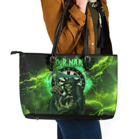 Grim Reaper and Dartboard Darts Leather Tote Bag with Green Lightning Background and Custom Team Name - Wonder Print Shop