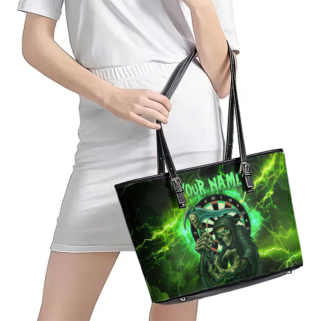 Grim Reaper and Dartboard Darts Leather Tote Bag with Green Lightning Background and Custom Team Name - Wonder Print Shop