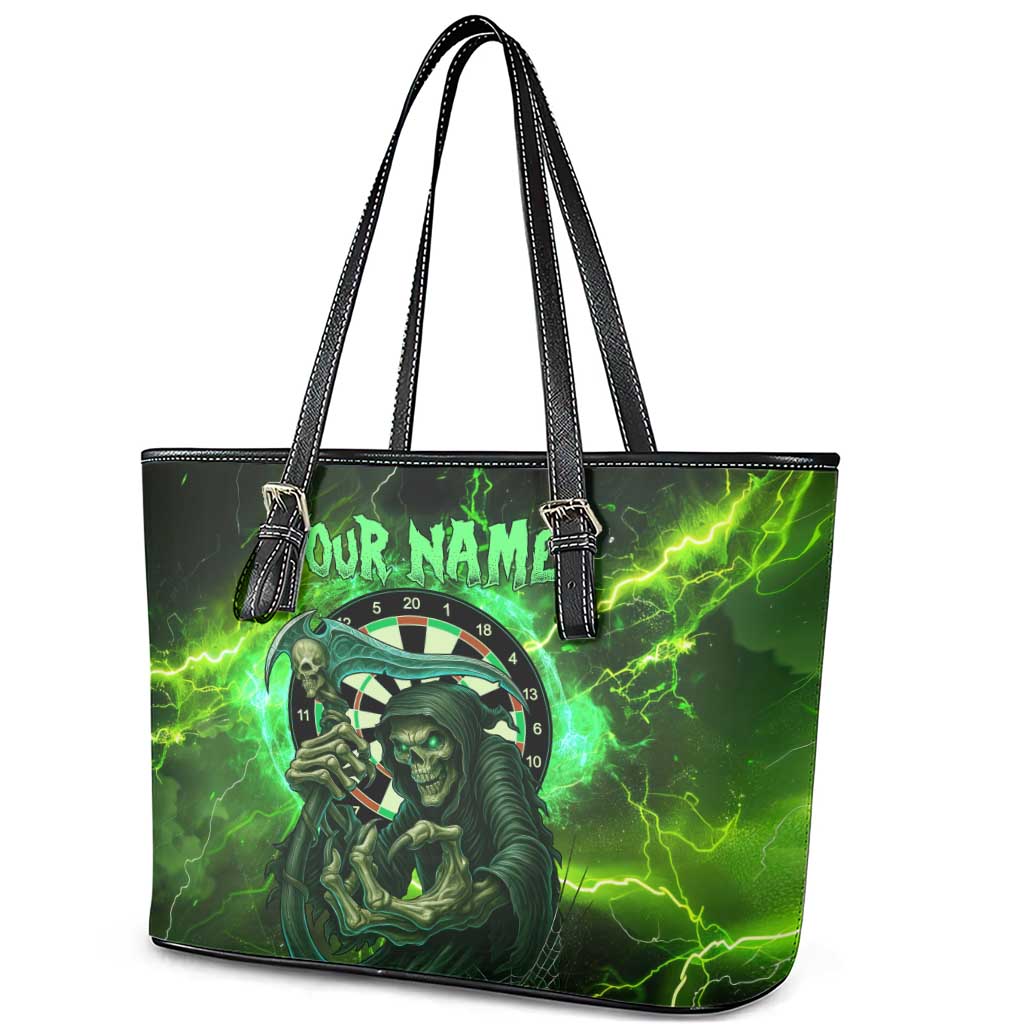 Grim Reaper and Dartboard Darts Leather Tote Bag with Green Lightning Background and Custom Team Name - Wonder Print Shop