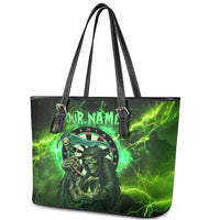 Grim Reaper and Dartboard Darts Leather Tote Bag with Green Lightning Background and Custom Team Name - Wonder Print Shop
