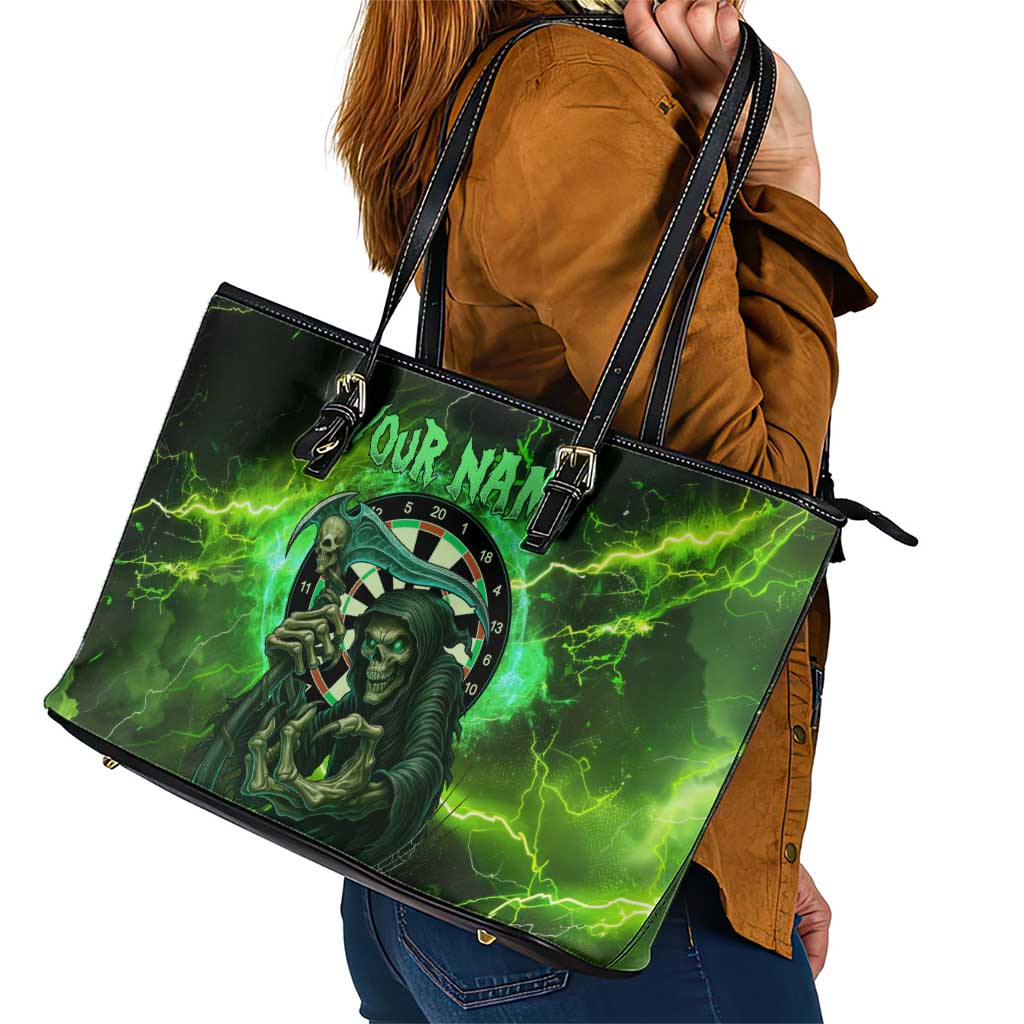 Grim Reaper and Dartboard Darts Leather Tote Bag with Green Lightning Background and Custom Team Name - Wonder Print Shop