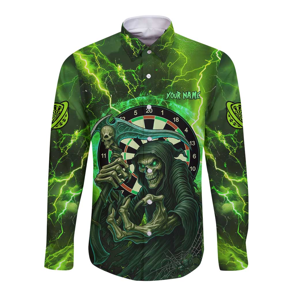 Grim Reaper and Dartboard Darts Long Sleeve Button Shirt with Green Lightning Background and Custom Team Name - Wonder Print Shop