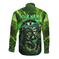 Grim Reaper and Dartboard Darts Long Sleeve Button Shirt with Green Lightning Background and Custom Team Name - Wonder Print Shop