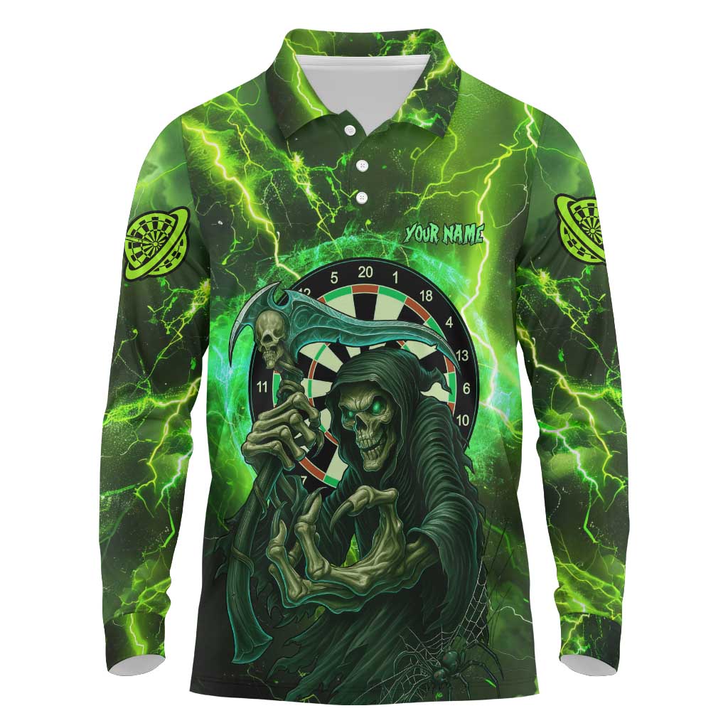 Grim Reaper and Dartboard Darts Long Sleeve Polo Shirt with Green Lightning Background and Custom Team Name - Wonder Print Shop