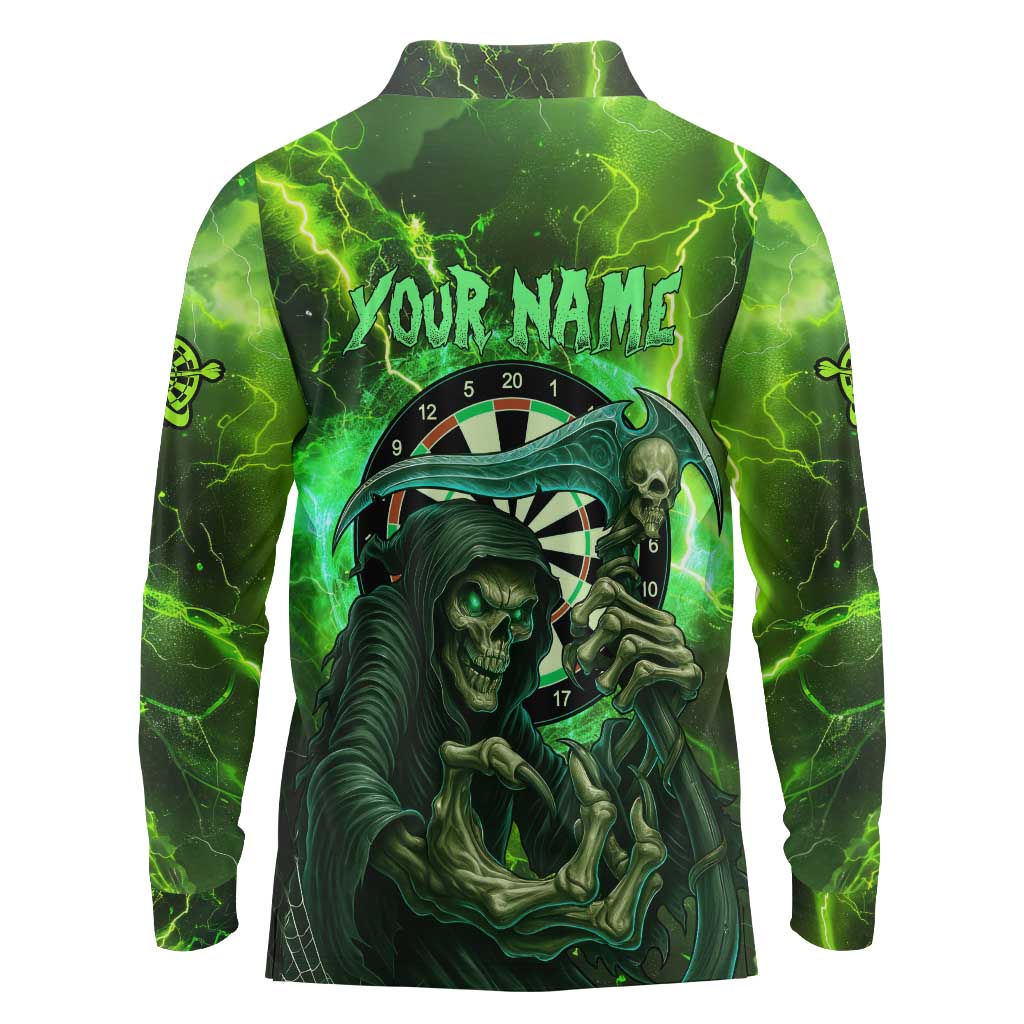 Grim Reaper and Dartboard Darts Long Sleeve Polo Shirt with Green Lightning Background and Custom Team Name - Wonder Print Shop