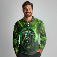 Grim Reaper and Dartboard Darts Long Sleeve Polo Shirt with Green Lightning Background and Custom Team Name - Wonder Print Shop