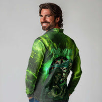 Grim Reaper and Dartboard Darts Long Sleeve Polo Shirt with Green Lightning Background and Custom Team Name - Wonder Print Shop