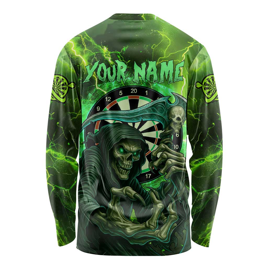 Grim Reaper and Dartboard Darts Long Sleeve Shirt with Green Lightning Background and Custom Team Name - Wonder Print Shop