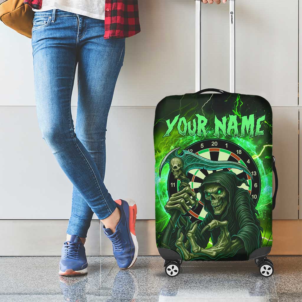 Grim Reaper and Dartboard Darts Luggage Cover with Green Lightning Background and Custom Team Name - Wonder Print Shop