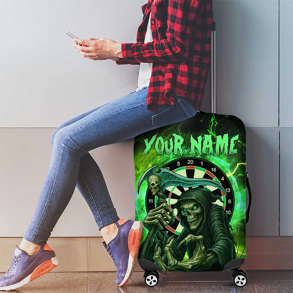 Grim Reaper and Dartboard Darts Luggage Cover with Green Lightning Background and Custom Team Name - Wonder Print Shop