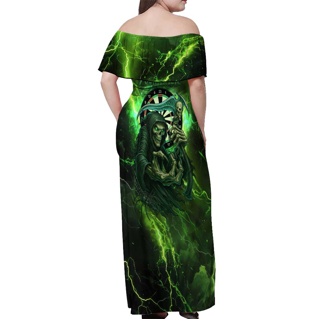 Grim Reaper and Dartboard Darts Off Shoulder Maxi Dress with Green Lightning Background and Custom Team Name - Wonder Print Shop
