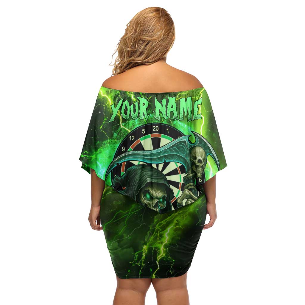 Grim Reaper and Dartboard Darts Off Shoulder Short Dress with Green Lightning Background and Custom Team Name - Wonder Print Shop