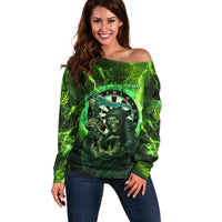 Grim Reaper and Dartboard Darts Off Shoulder Sweater with Green Lightning Background and Custom Team Name - Wonder Print Shop