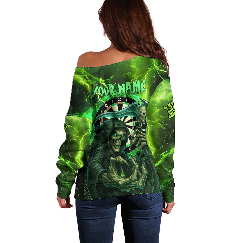 Grim Reaper and Dartboard Darts Off Shoulder Sweater with Green Lightning Background and Custom Team Name - Wonder Print Shop
