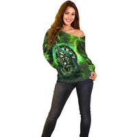 Grim Reaper and Dartboard Darts Off Shoulder Sweater with Green Lightning Background and Custom Team Name - Wonder Print Shop
