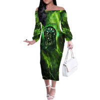 Grim Reaper and Dartboard Darts Off The Shoulder Long Sleeve Dress with Green Lightning Background and Custom Team Name - Wonder Print Shop