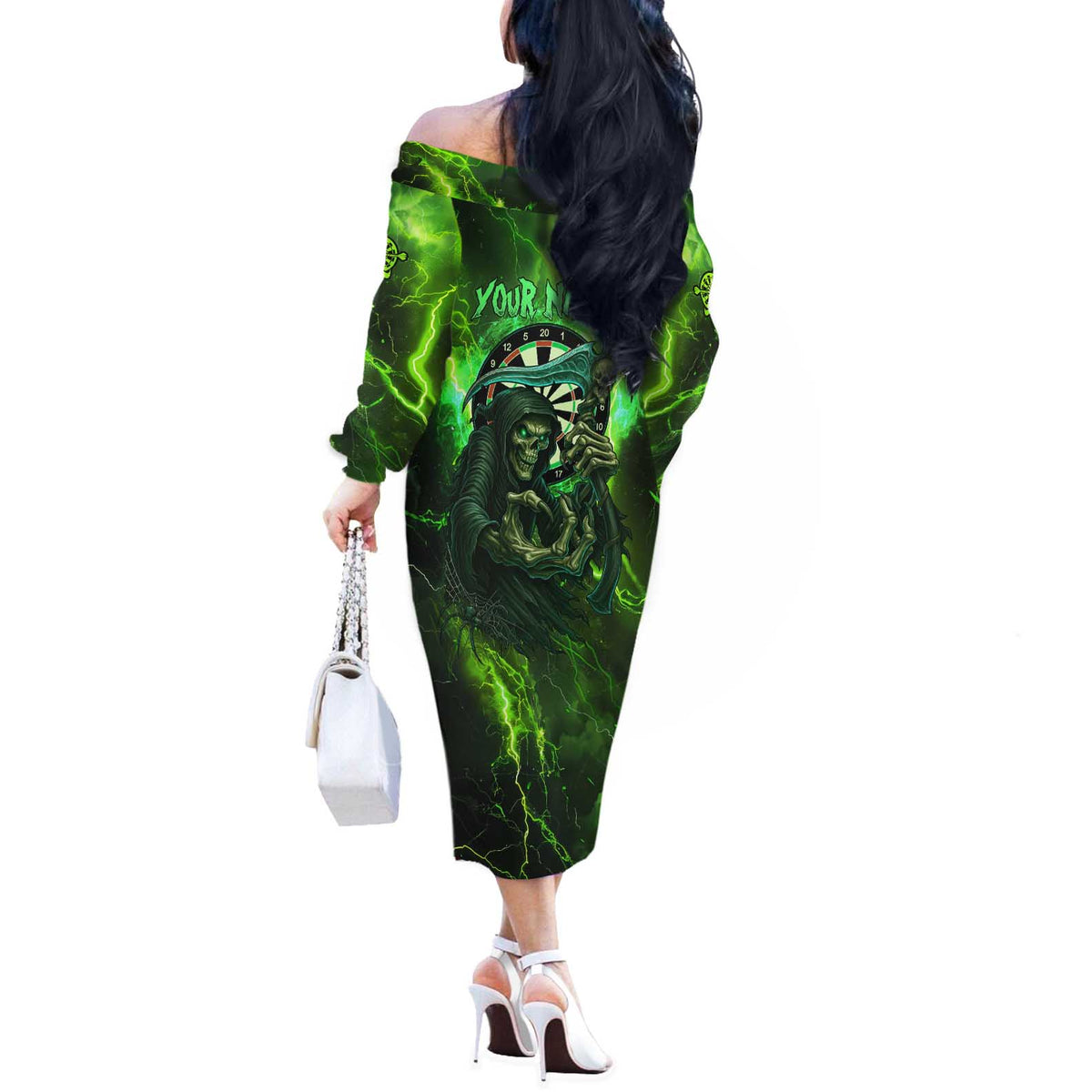 Grim Reaper and Dartboard Darts Off The Shoulder Long Sleeve Dress with Green Lightning Background and Custom Team Name - Wonder Print Shop