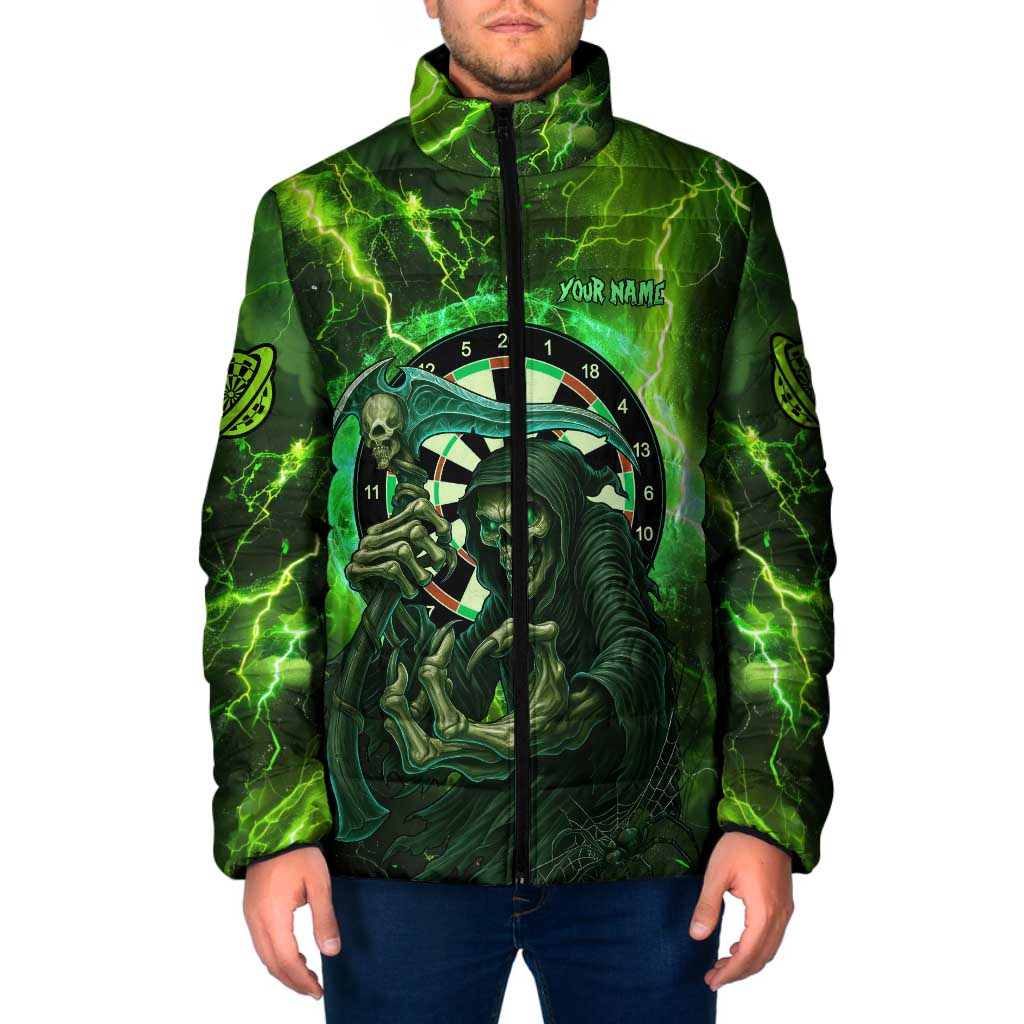 Grim Reaper and Dartboard Darts Padded Jacket with Green Lightning Background and Custom Team Name - Wonder Print Shop