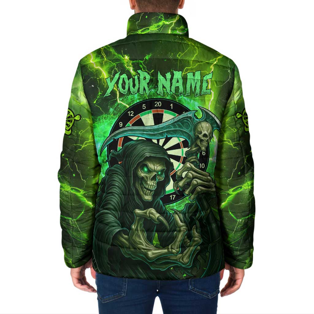 Grim Reaper and Dartboard Darts Padded Jacket with Green Lightning Background and Custom Team Name - Wonder Print Shop