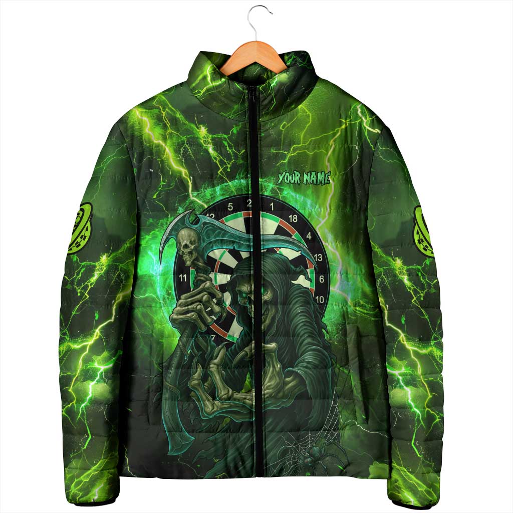 Grim Reaper and Dartboard Darts Padded Jacket with Green Lightning Background and Custom Team Name - Wonder Print Shop
