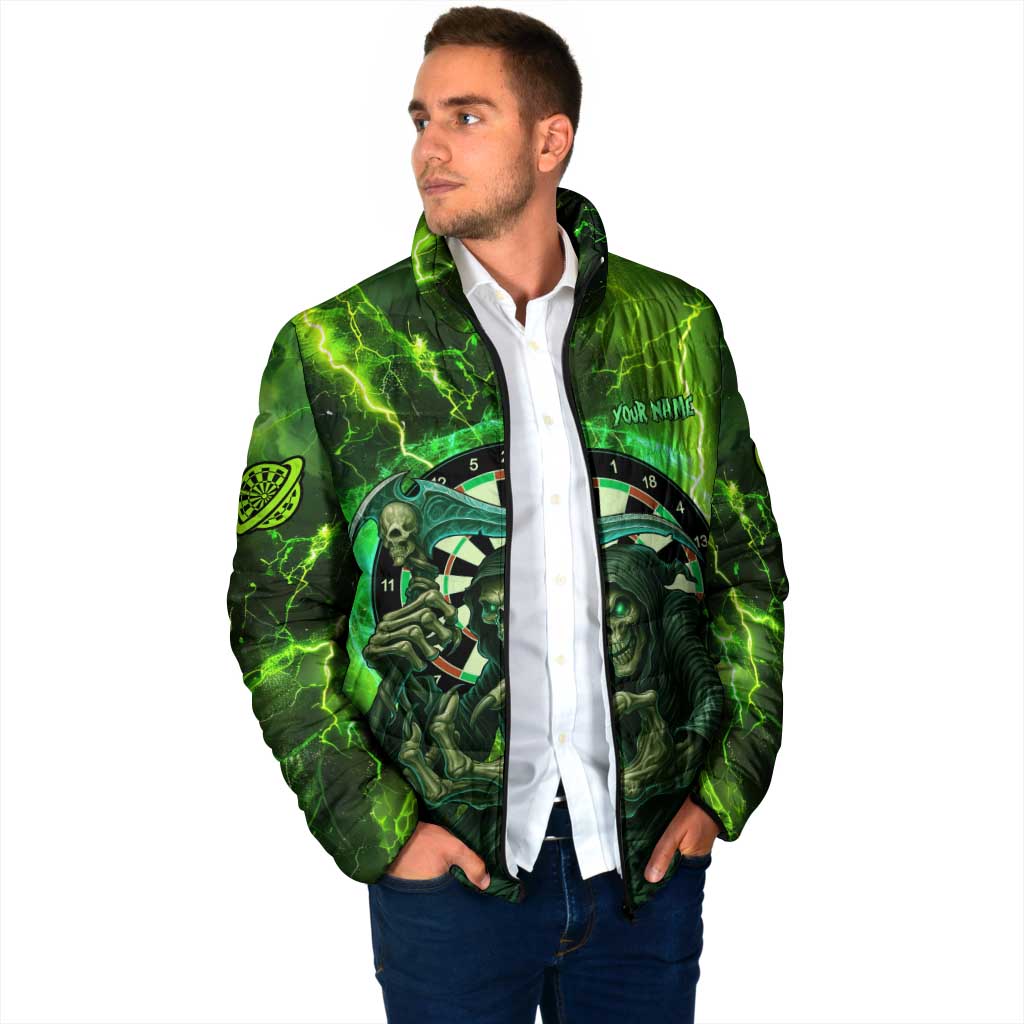 Grim Reaper and Dartboard Darts Padded Jacket with Green Lightning Background and Custom Team Name - Wonder Print Shop