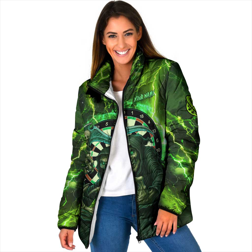 Grim Reaper and Dartboard Darts Padded Jacket with Green Lightning Background and Custom Team Name - Wonder Print Shop