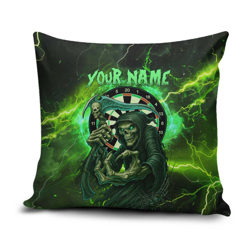 Grim Reaper and Dartboard Darts Pillow Cover with Green Lightning Background and Custom Team Name - Wonder Print Shop
