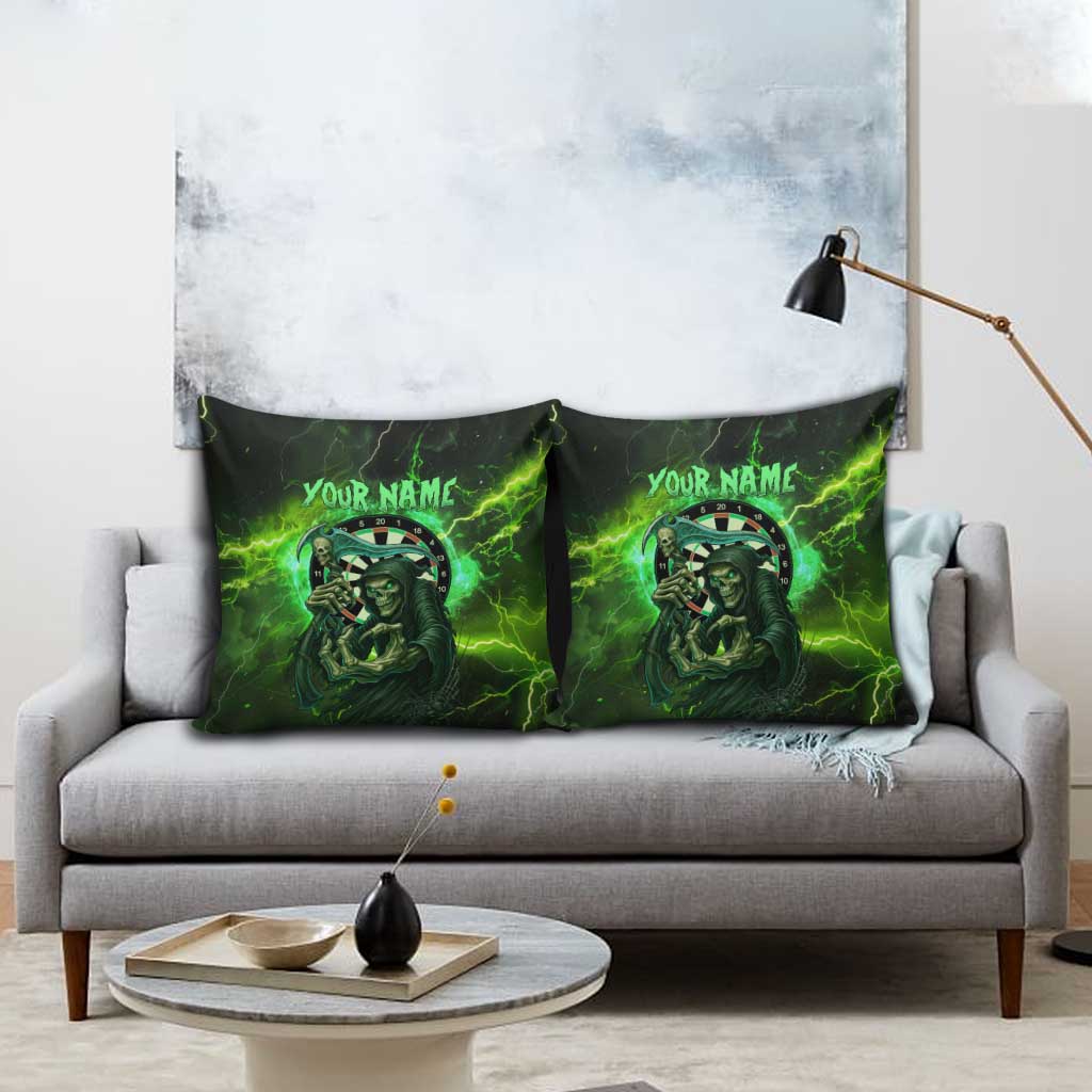 Grim Reaper and Dartboard Darts Pillow Cover with Green Lightning Background and Custom Team Name - Wonder Print Shop