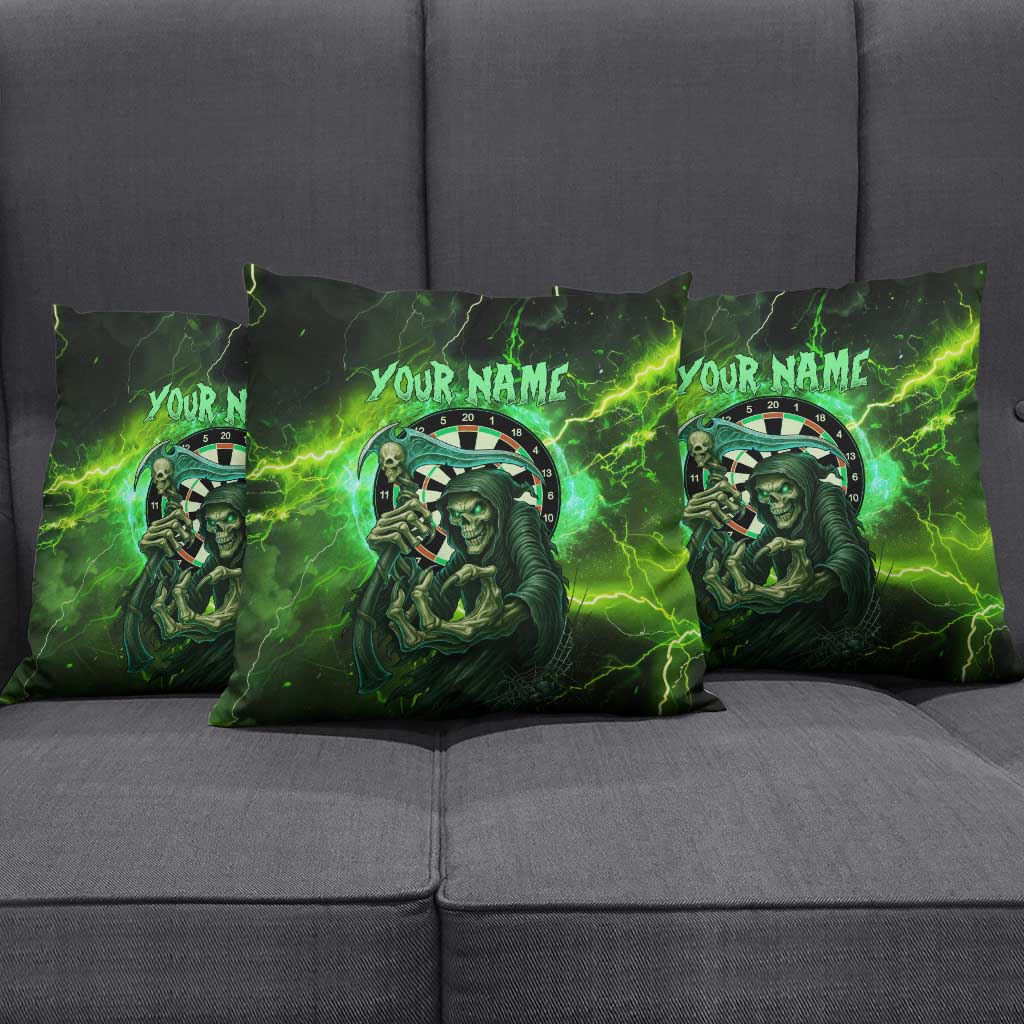 Grim Reaper and Dartboard Darts Pillow Cover with Green Lightning Background and Custom Team Name - Wonder Print Shop