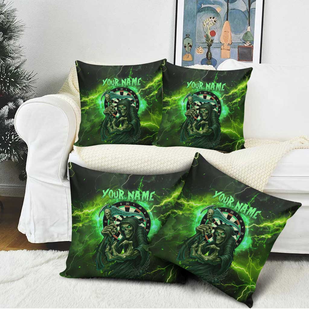 Grim Reaper and Dartboard Darts Pillow Cover with Green Lightning Background and Custom Team Name - Wonder Print Shop