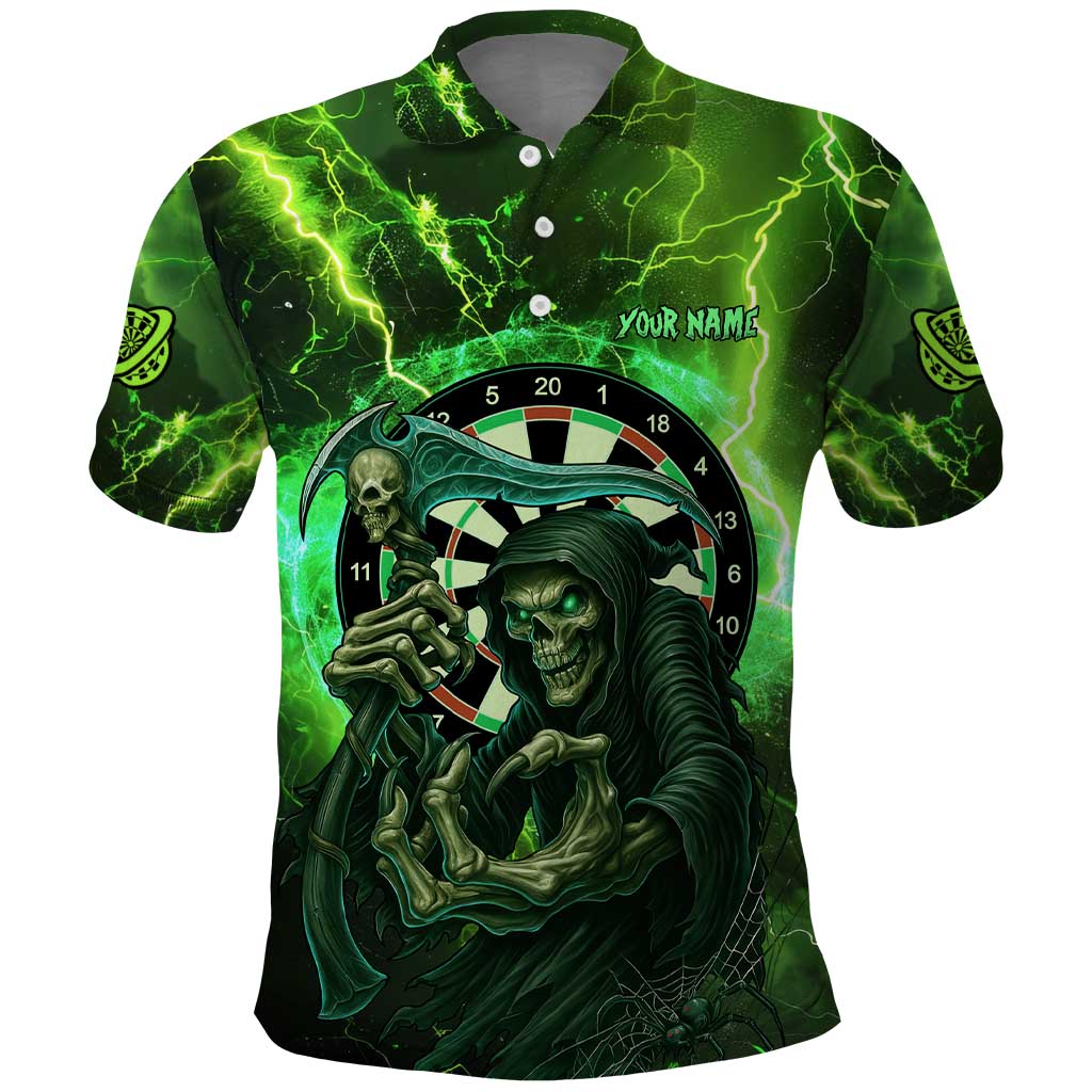 Grim Reaper and Dartboard Darts Polo Shirt with Green Lightning Background and Custom Team Name - Wonder Print Shop