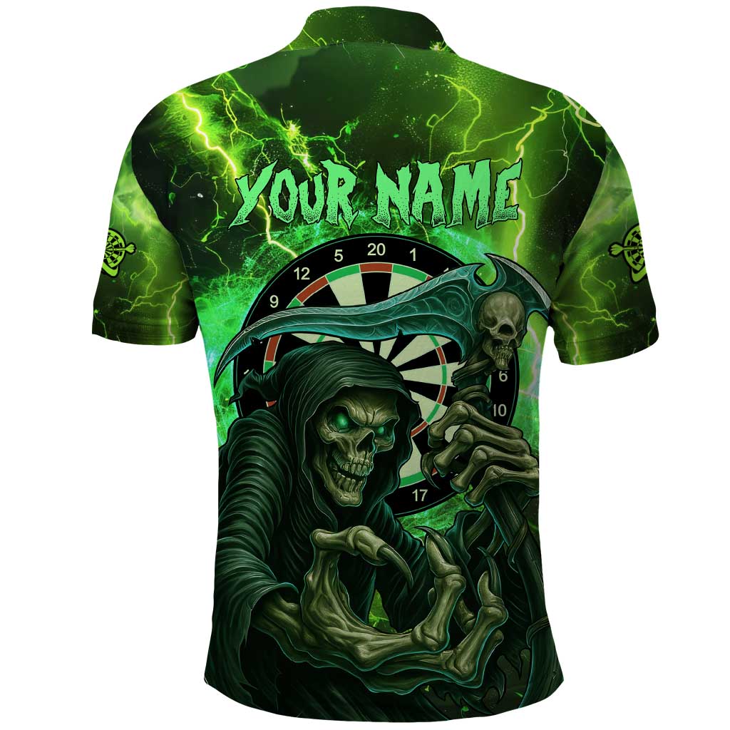 Grim Reaper and Dartboard Darts Polo Shirt with Green Lightning Background and Custom Team Name - Wonder Print Shop