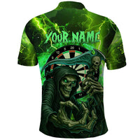 Grim Reaper and Dartboard Darts Polo Shirt with Green Lightning Background and Custom Team Name - Wonder Print Shop