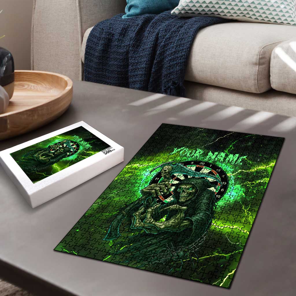 Grim Reaper and Dartboard Darts Puzzle with Green Lightning Background and Custom Team Name - Wonder Print Shop