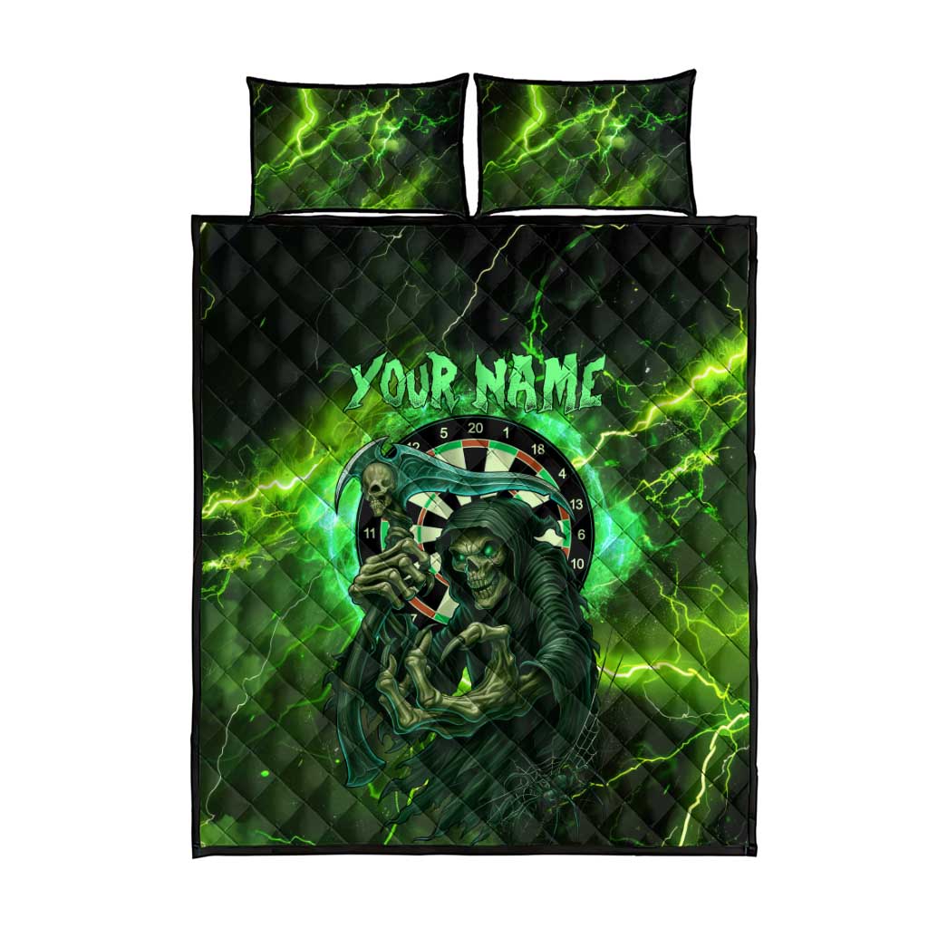 Grim Reaper and Dartboard Darts Quilt Bed Set with Green Lightning Background and Custom Team Name - Wonder Print Shop