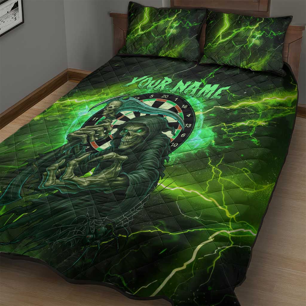 Grim Reaper and Dartboard Darts Quilt Bed Set with Green Lightning Background and Custom Team Name - Wonder Print Shop