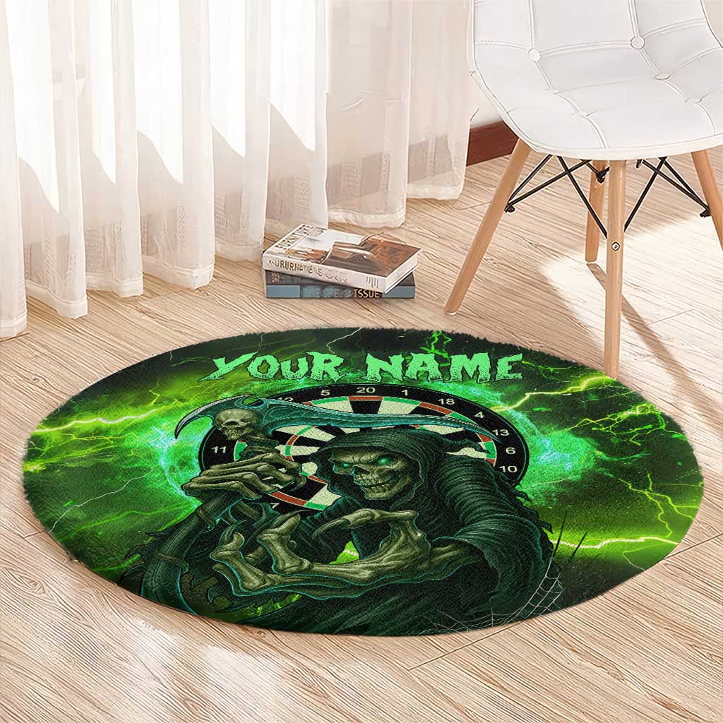 Grim Reaper and Dartboard Darts Round Carpet with Green Lightning Background and Custom Team Name - Wonder Print Shop