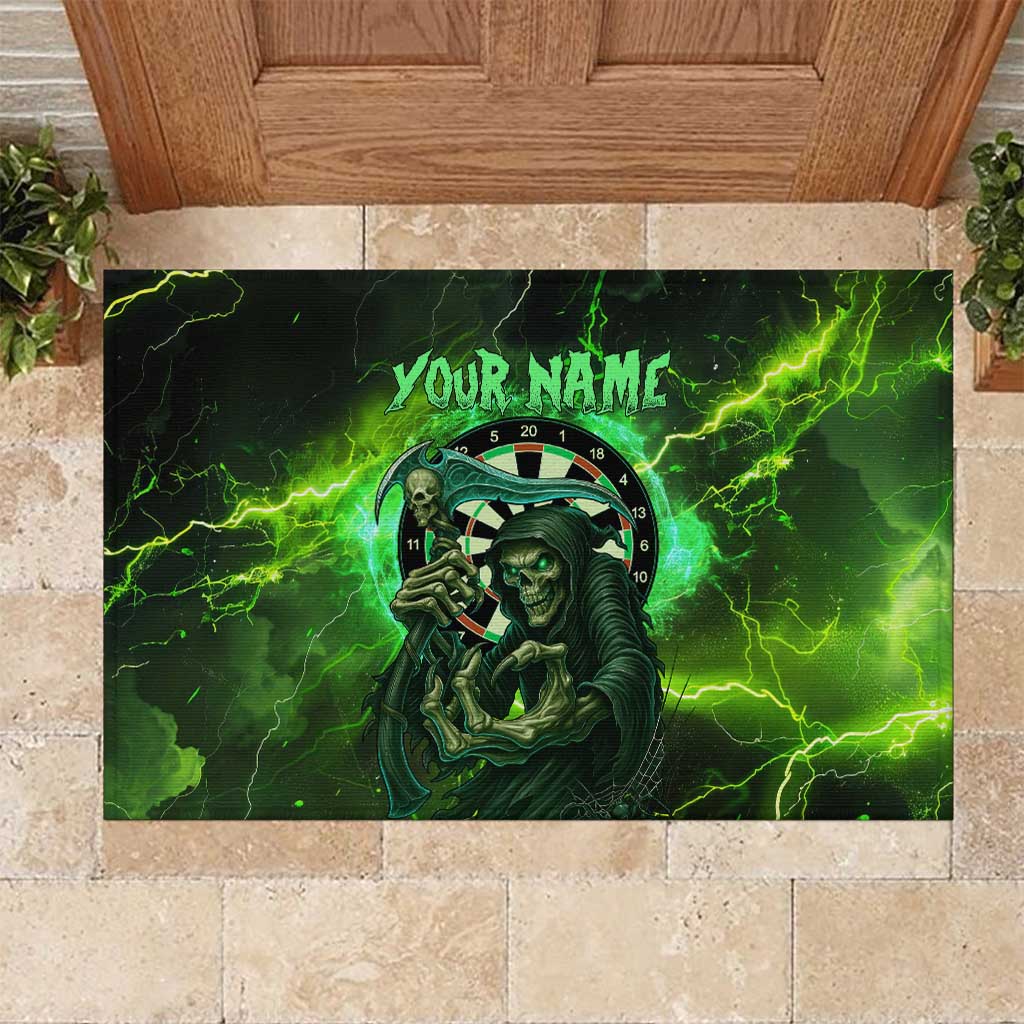 Grim Reaper and Dartboard Darts Rubber Doormat with Green Lightning Background and Custom Team Name - Wonder Print Shop