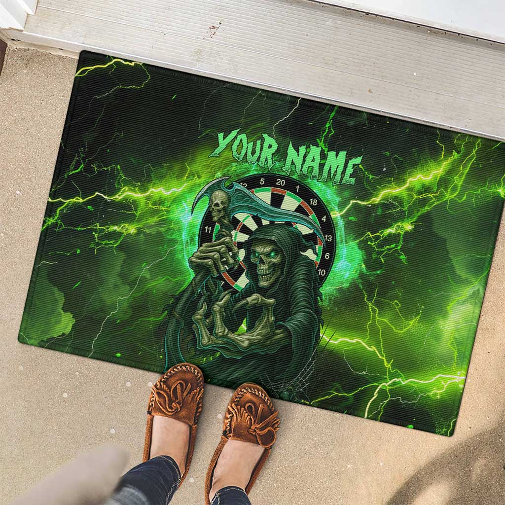 Grim Reaper and Dartboard Darts Rubber Doormat with Green Lightning Background and Custom Team Name - Wonder Print Shop