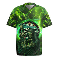 Grim Reaper and Dartboard Darts Rugby Jersey with Green Lightning Background and Custom Team Name - Wonder Print Shop