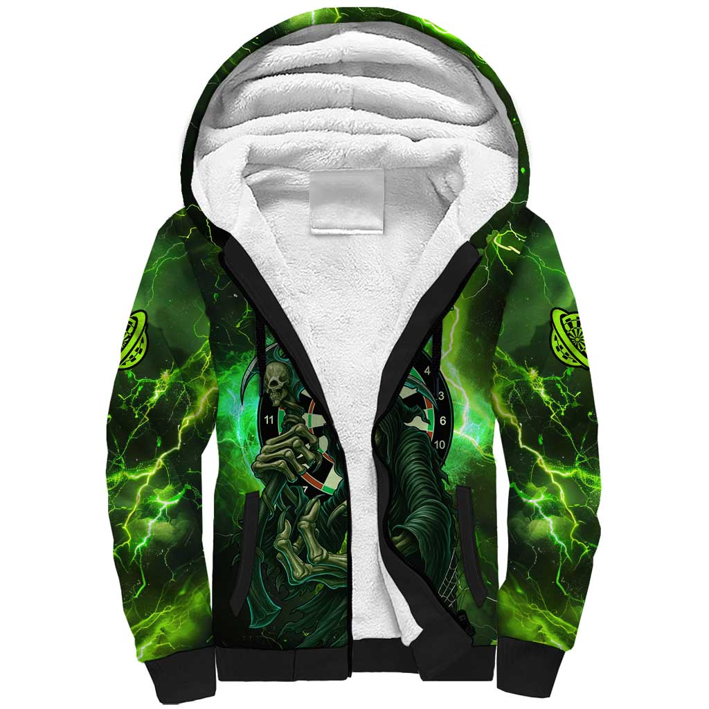 Grim Reaper and Dartboard Darts Sherpa Hoodie with Green Lightning Background and Custom Team Name - Wonder Print Shop