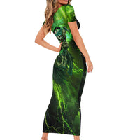 Grim Reaper and Dartboard Darts Short Sleeve Bodycon Dress with Green Lightning Background and Custom Team Name - Wonder Print Shop