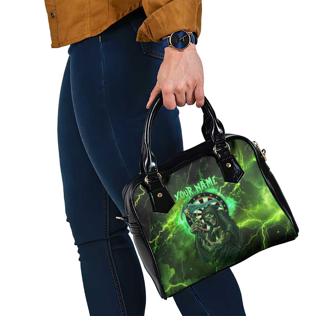 Grim Reaper and Dartboard Darts Shoulder Handbag with Green Lightning Background and Custom Team Name - Wonder Print Shop