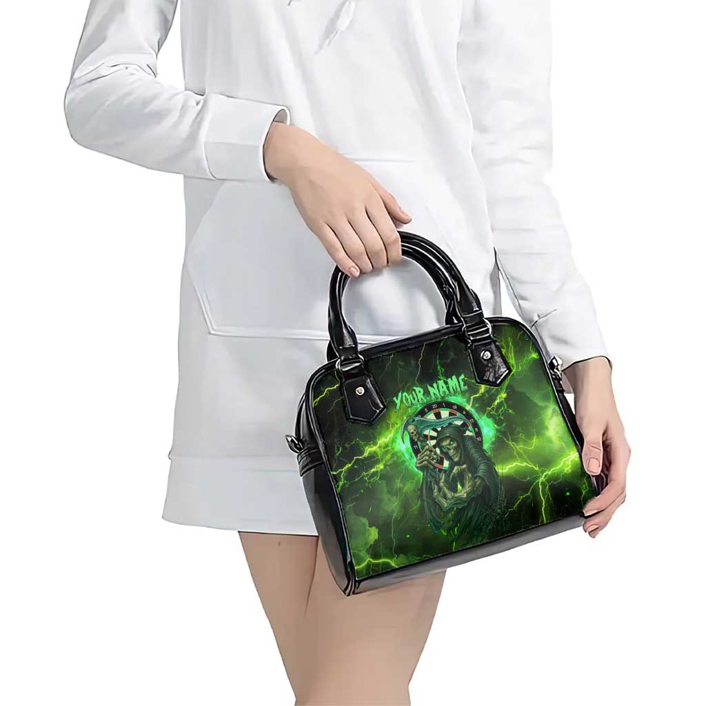 Grim Reaper and Dartboard Darts Shoulder Handbag with Green Lightning Background and Custom Team Name - Wonder Print Shop