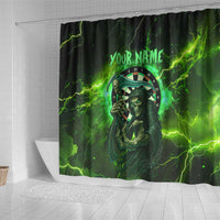 Grim Reaper and Dartboard Darts Shower Curtain with Green Lightning Background and Custom Team Name - Wonder Print Shop