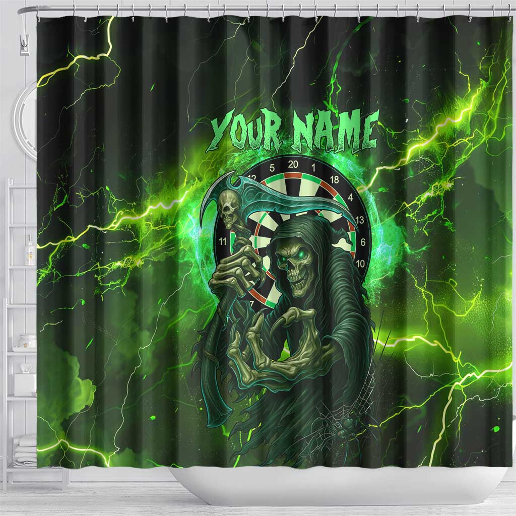 Grim Reaper and Dartboard Darts Shower Curtain with Green Lightning Background and Custom Team Name - Wonder Print Shop