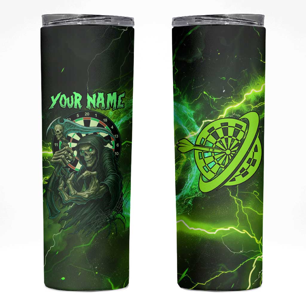 Grim Reaper and Dartboard Darts Skinny Tumbler with Green Lightning Background and Custom Team Name - Wonder Print Shop