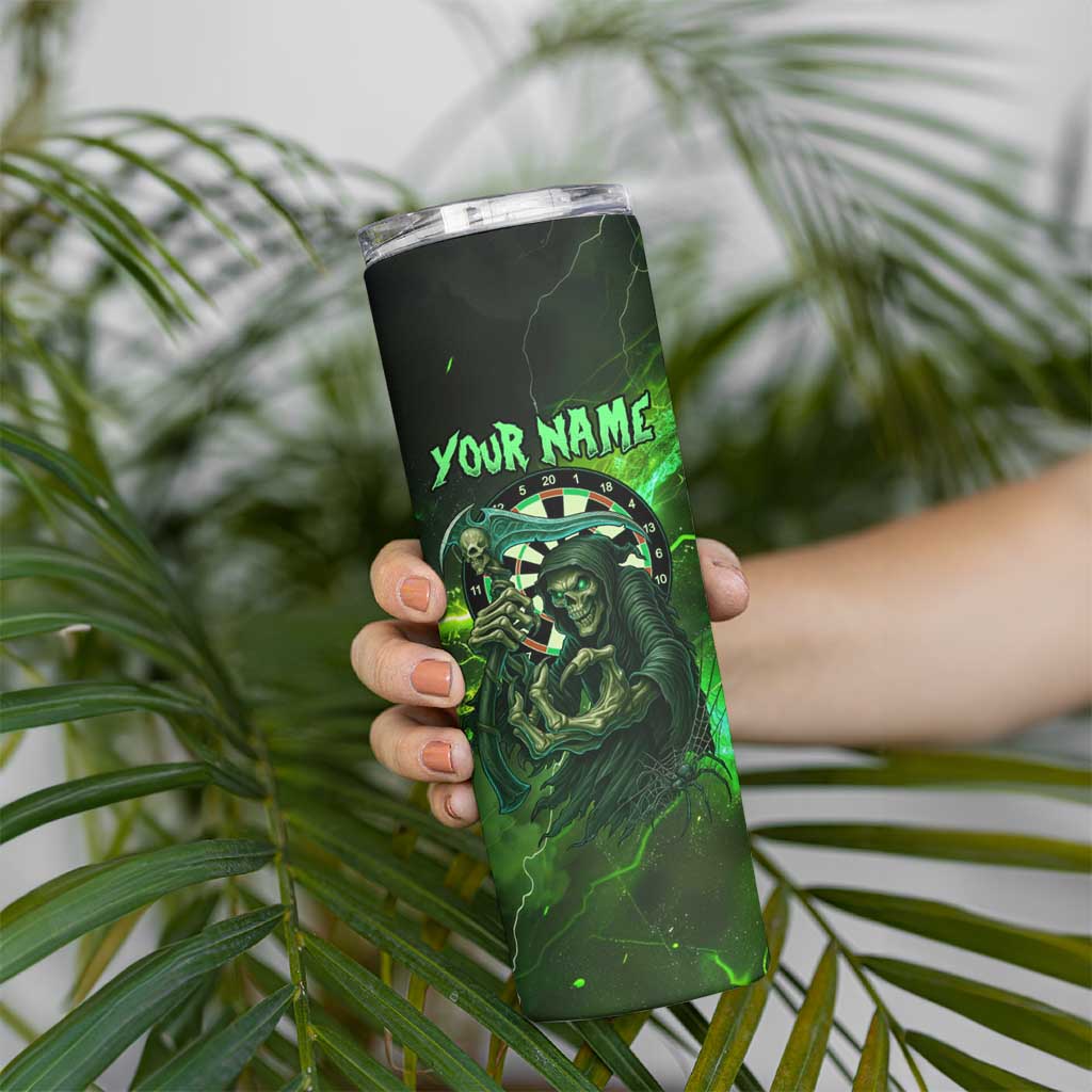 Grim Reaper and Dartboard Darts Skinny Tumbler with Green Lightning Background and Custom Team Name - Wonder Print Shop