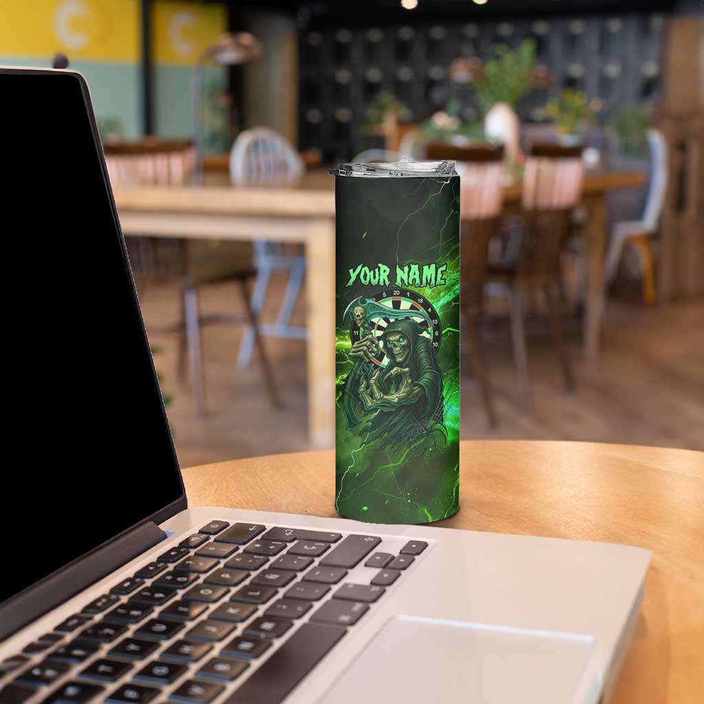 Grim Reaper and Dartboard Darts Skinny Tumbler with Green Lightning Background and Custom Team Name - Wonder Print Shop